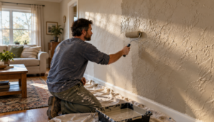 Painter rolls warm neutral paint onto a textured wall as sunlight highlights its surface.