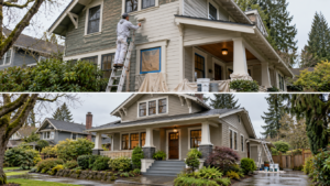 Split image of house being painted by professional painter and the finished product
